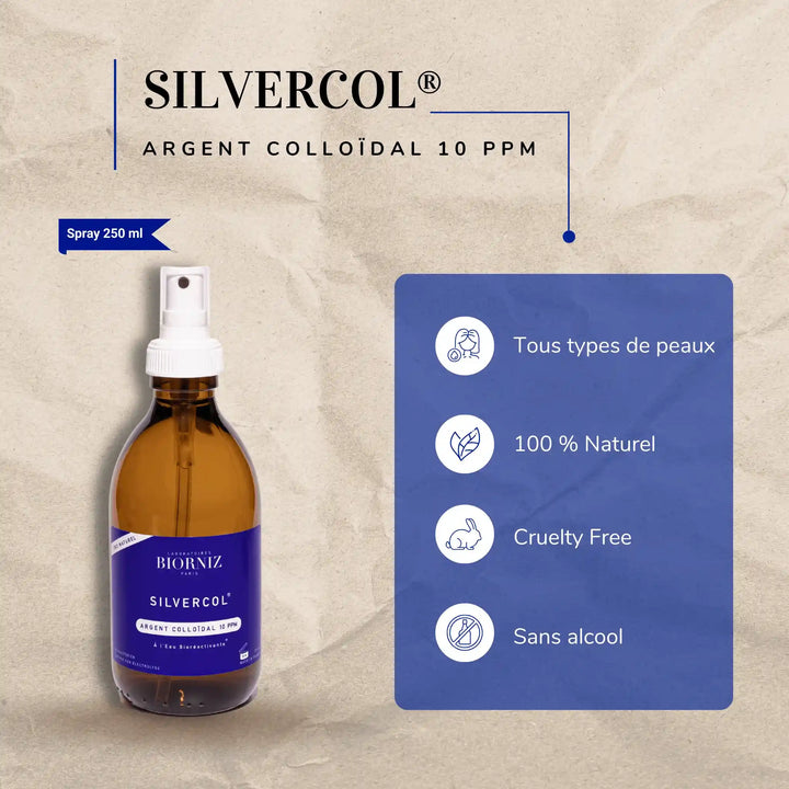 Flacon spray 250 ml d'argent colloïdal 10 ppm en verre ambré.
