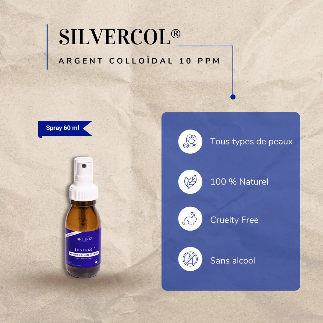 Flacon en verre ambré avec spray de 60 ml d'argent colloïdal 10 ppm.