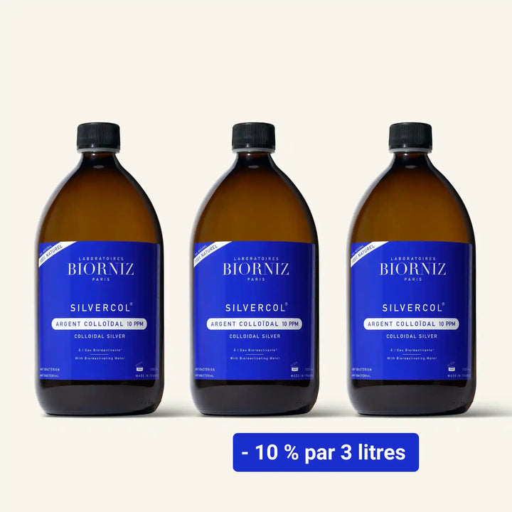 Offre grand format de 3 litres d'argent colloïdal 10 ppm en flacons de verre pour cure prolongée.