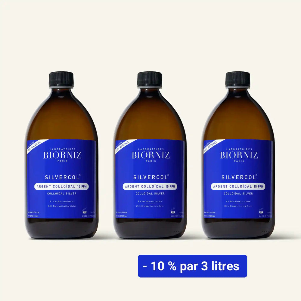 Offre grand format de 3 litres d'argent colloïdal 15 ppm en flacons de verre pour cure prolongée.