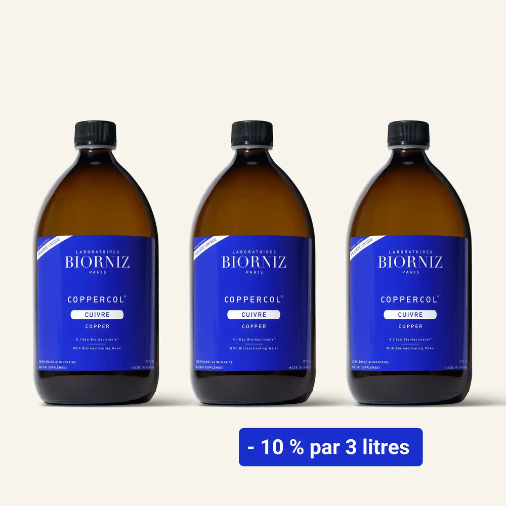 Offre grand format de 3 litres de cuivre liquide Coppercol en flacons de verre pour cure prolongée.