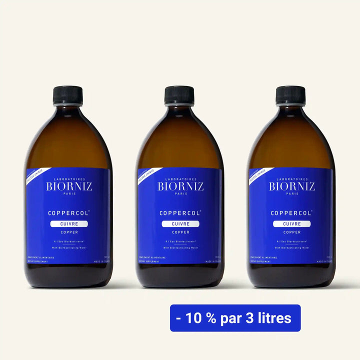 Offre grand format de 3 litres de cuivre liquide Coppercol en flacons de verre pour cure prolongée.