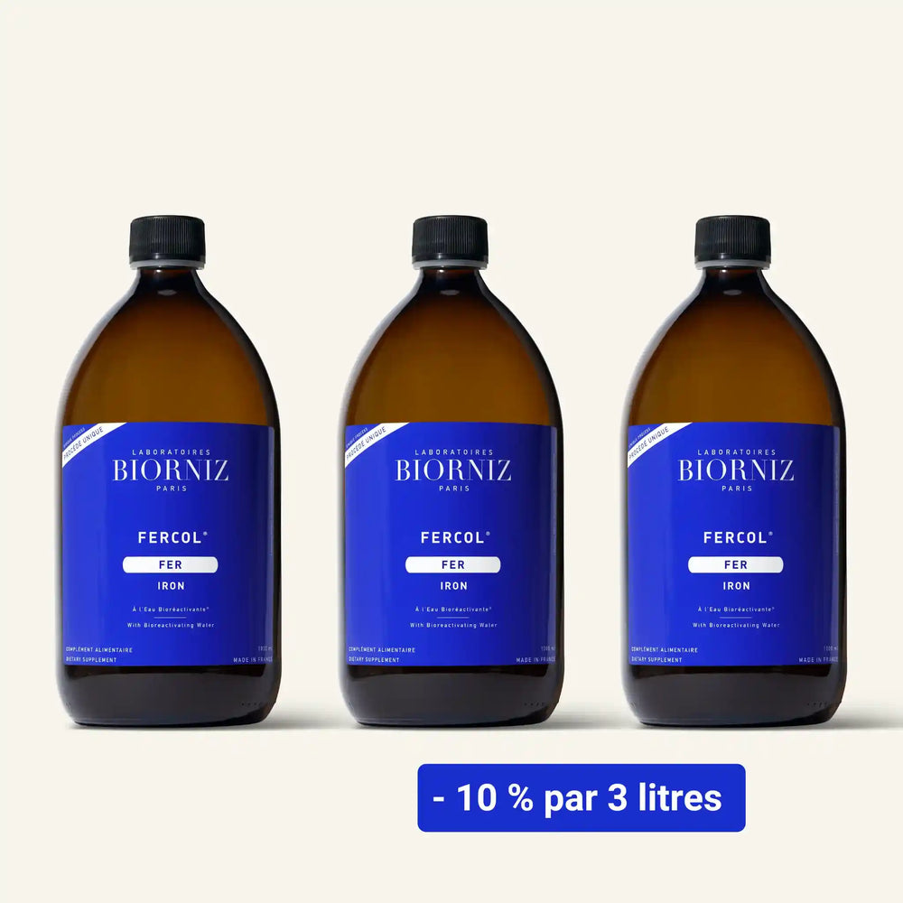 Offre économique de 3 litres de fer colloïdal liquide en flacons de verre ambré pour cure de fond.