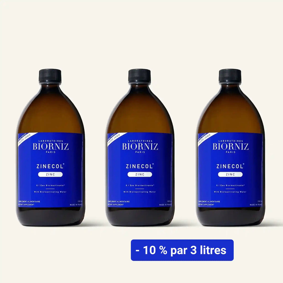 Offre économique de 3 litres de zinc colloïdal liquide en flacons de verre ambré pour cure de fond.