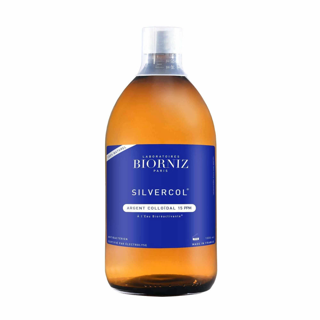Flacon en verre ambré 1000 ml d'argent colloidal concentré à 15 ppm 